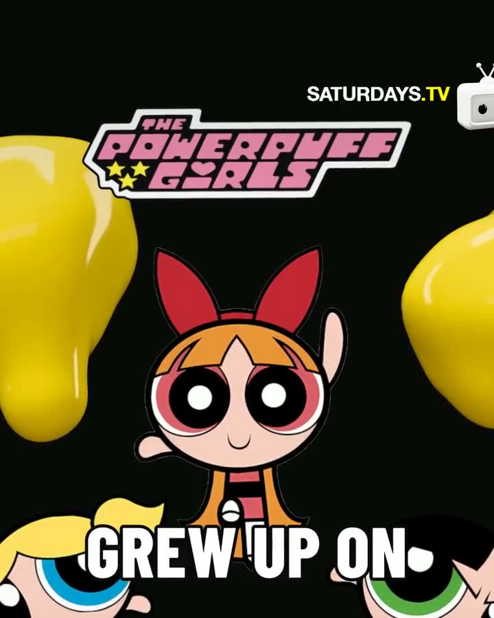 SATURDAYS.TV graphics: the Powerpuff Girls title, a calendar flipping to 1998, a title rewritten word by word and a stamp slamming a memo